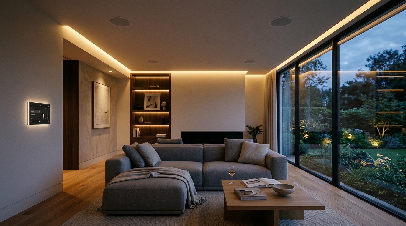 Moderní obývák s multiroom audio systémem a stropními reproduktory
