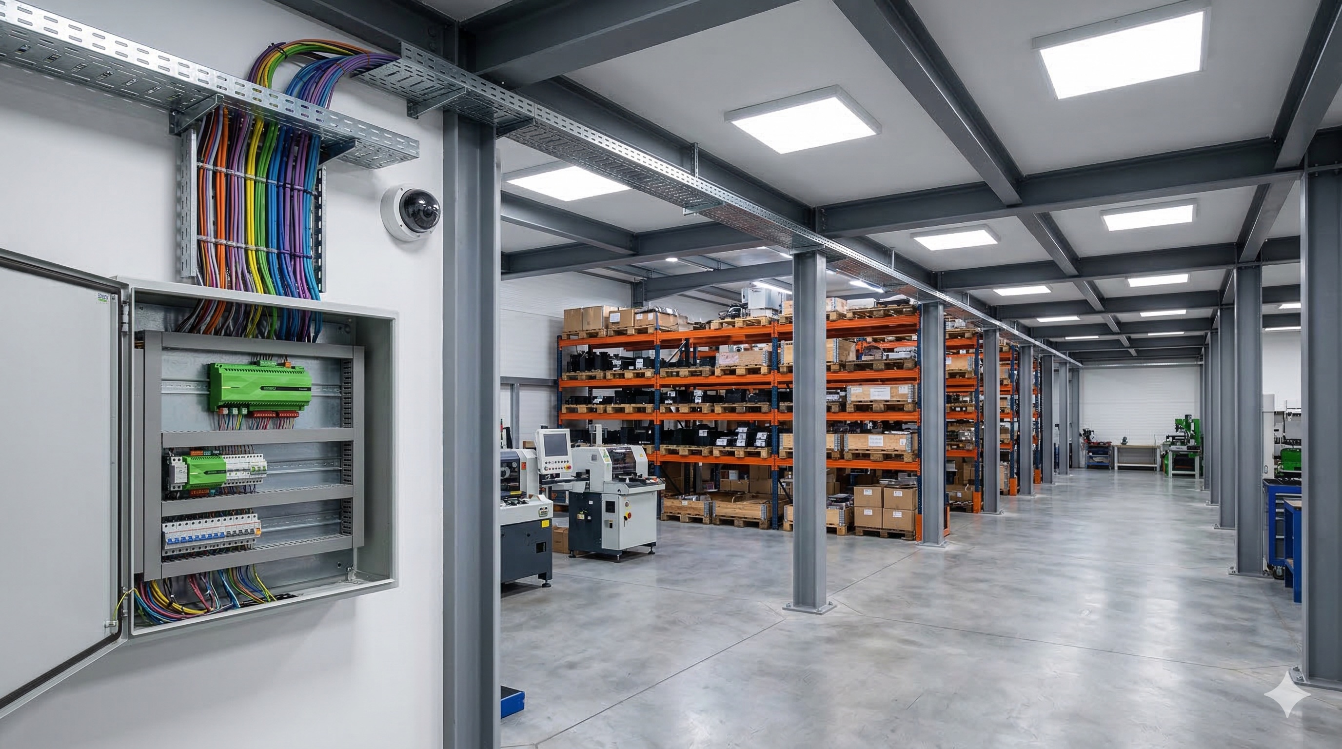 Výrobní hala s chytrým rozvaděčem a LED osvětlením