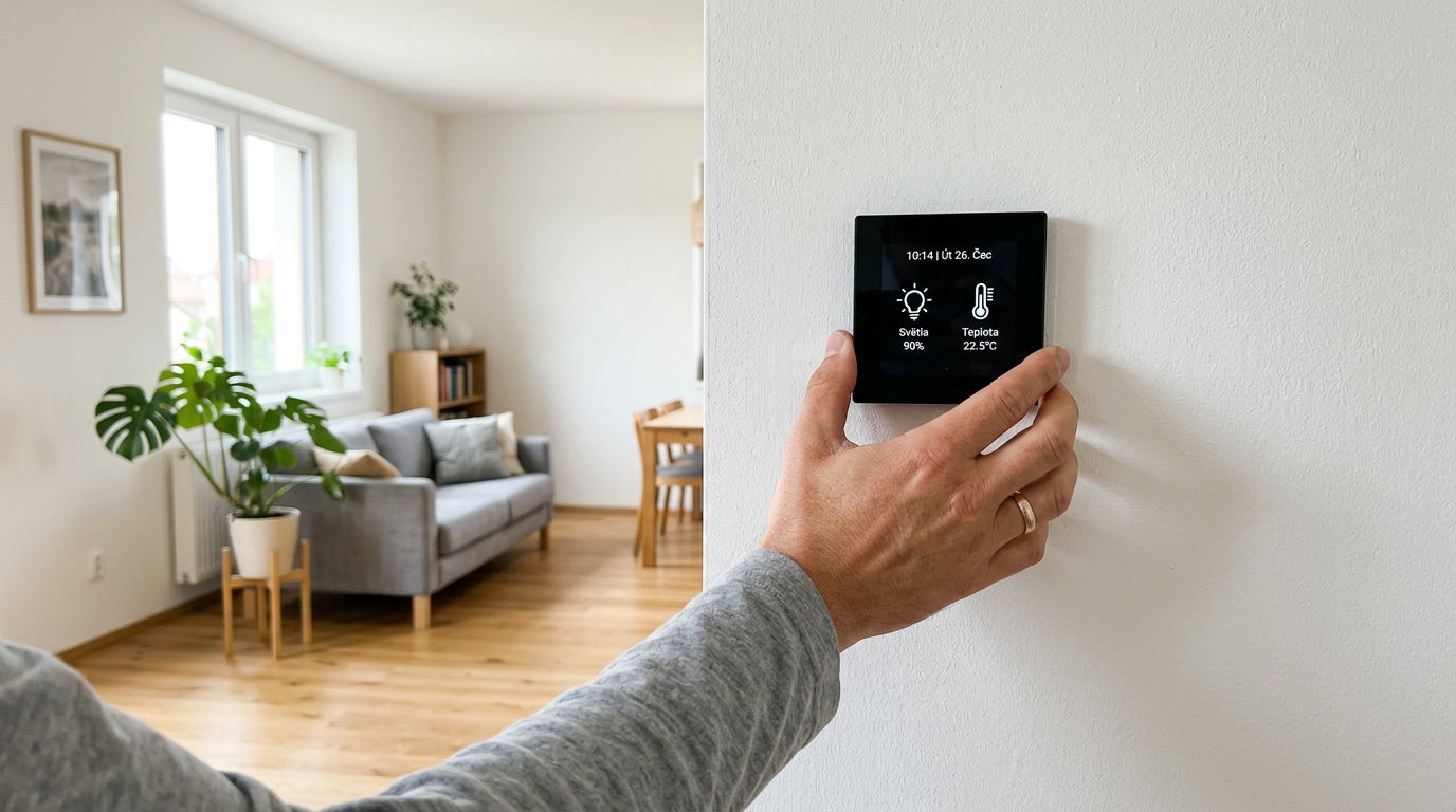 Ruka drží chytrý ovládací panel v rozestavěném rodinném domě