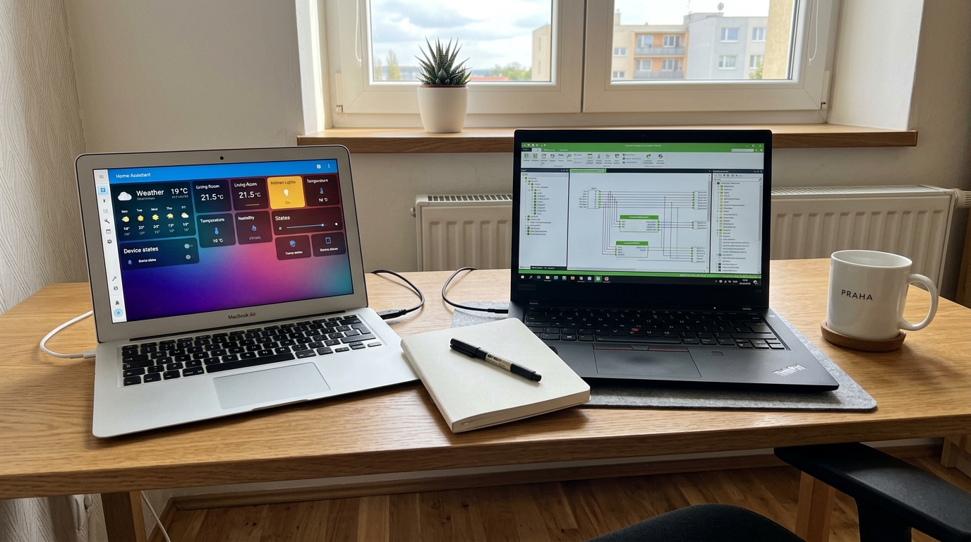 Dva notebooky s Home Assistant a Loxone Config