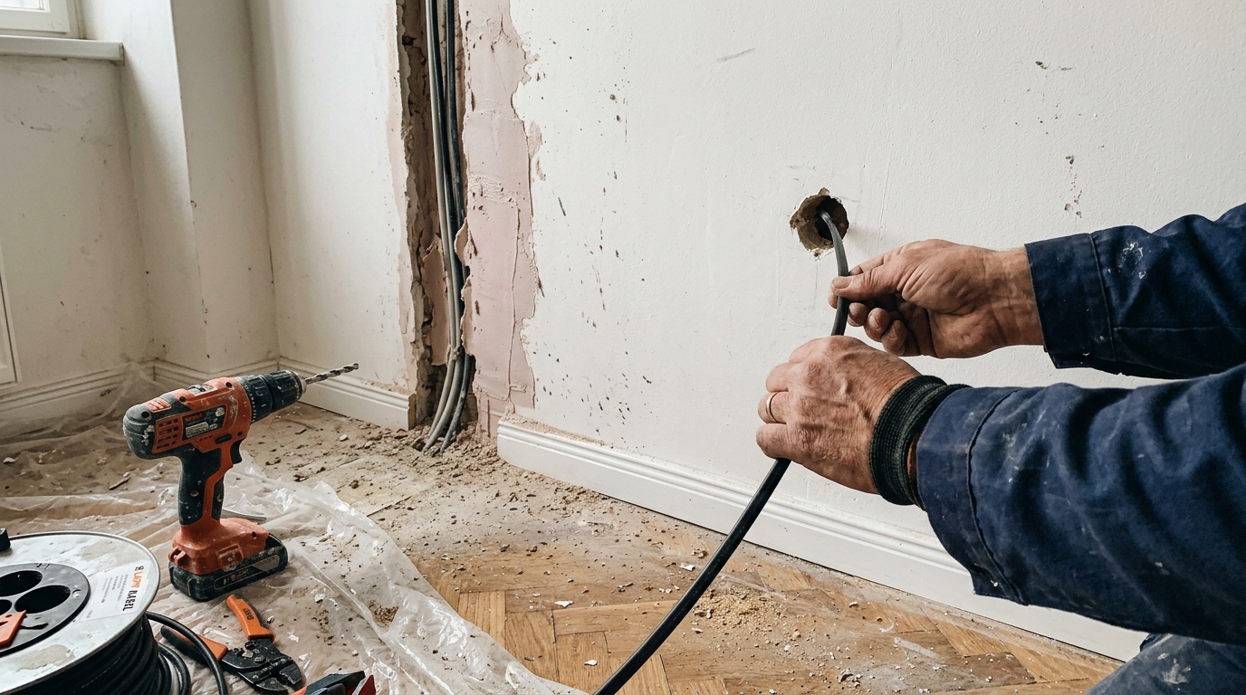 Elektrikář protahuje kabel v hotovém domě